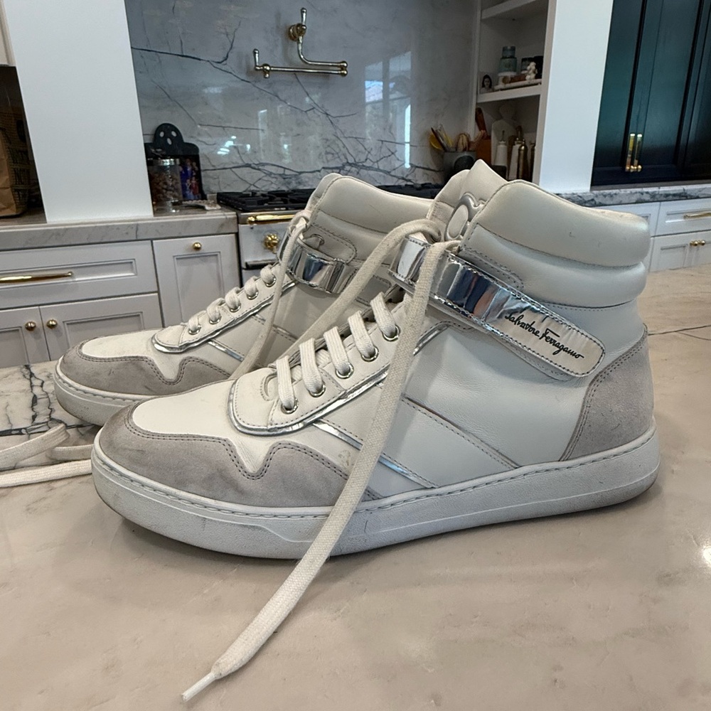 Salvatore Ferragamo Noe Men's White and Gray/Silver  High-Top Sneakers size 11